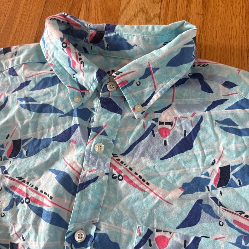 Vineyard Vines Blue Jet Set Poolside Plane Hawaiian Button Down Shirt Mens L